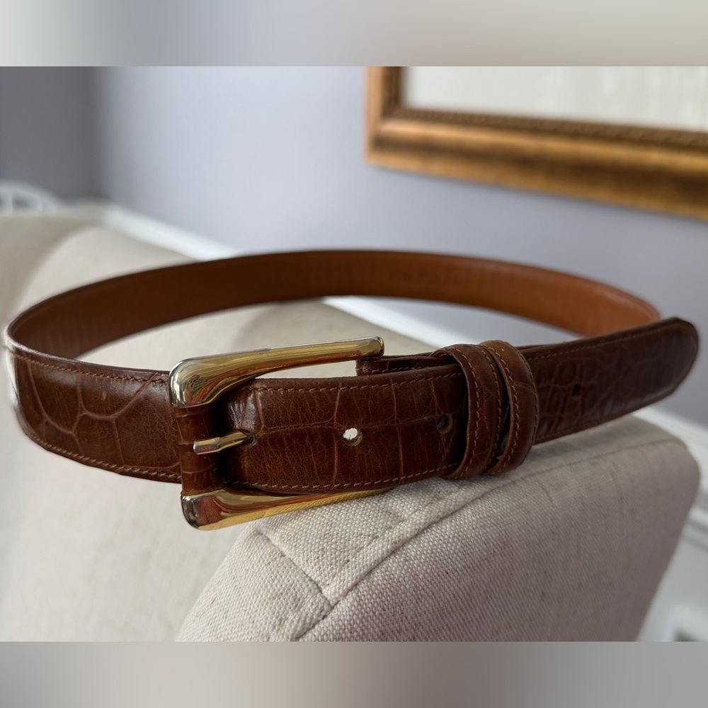 Joan & David Croc-Embossed Brown Belt with Gold Buckle